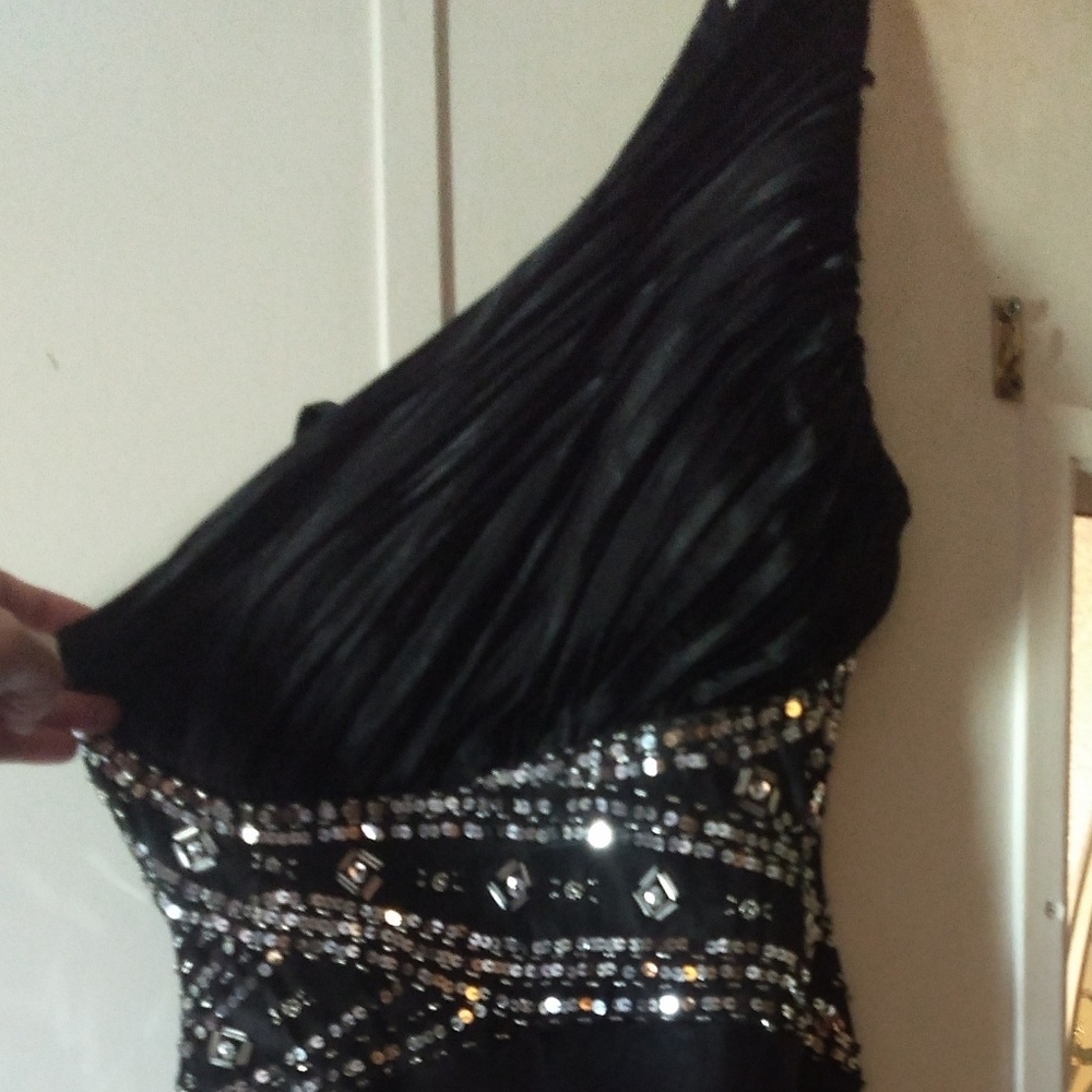 Long Black Satin Beaded Formal